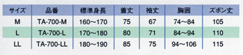 和楽　藍染作務衣　サイズ表